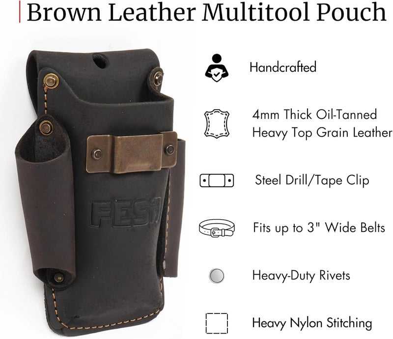 fesa Small Leather Tool Pouch - 4-in-1 Heavy Top Grain Leather Small Tool Pouch with a Tape Measure Holder, 3 Pockets & Reinforced Heavy Duty Rivets - Fits Belts up to 3" - Handcrafted - Image 2